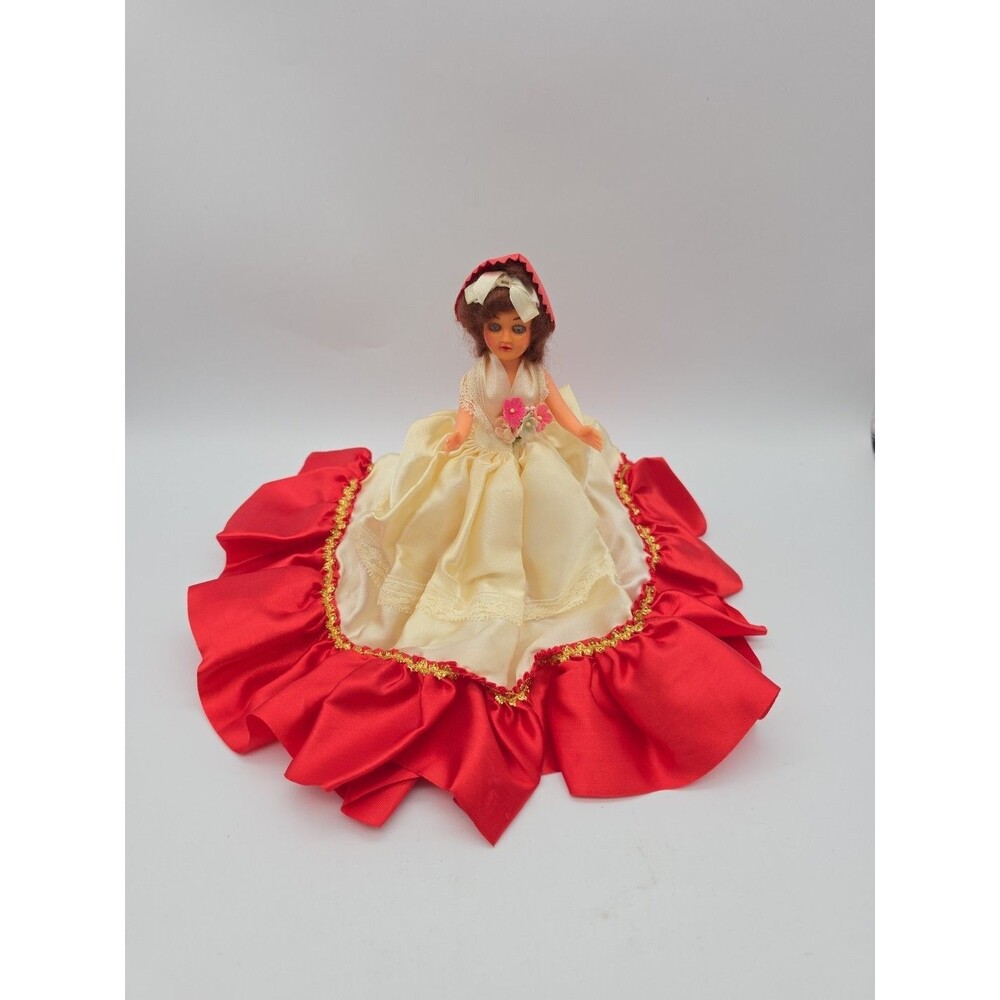 Vintage 7.5" Girl Doll In Cream & Red Dress Admiration Toy NYC Hong Kong